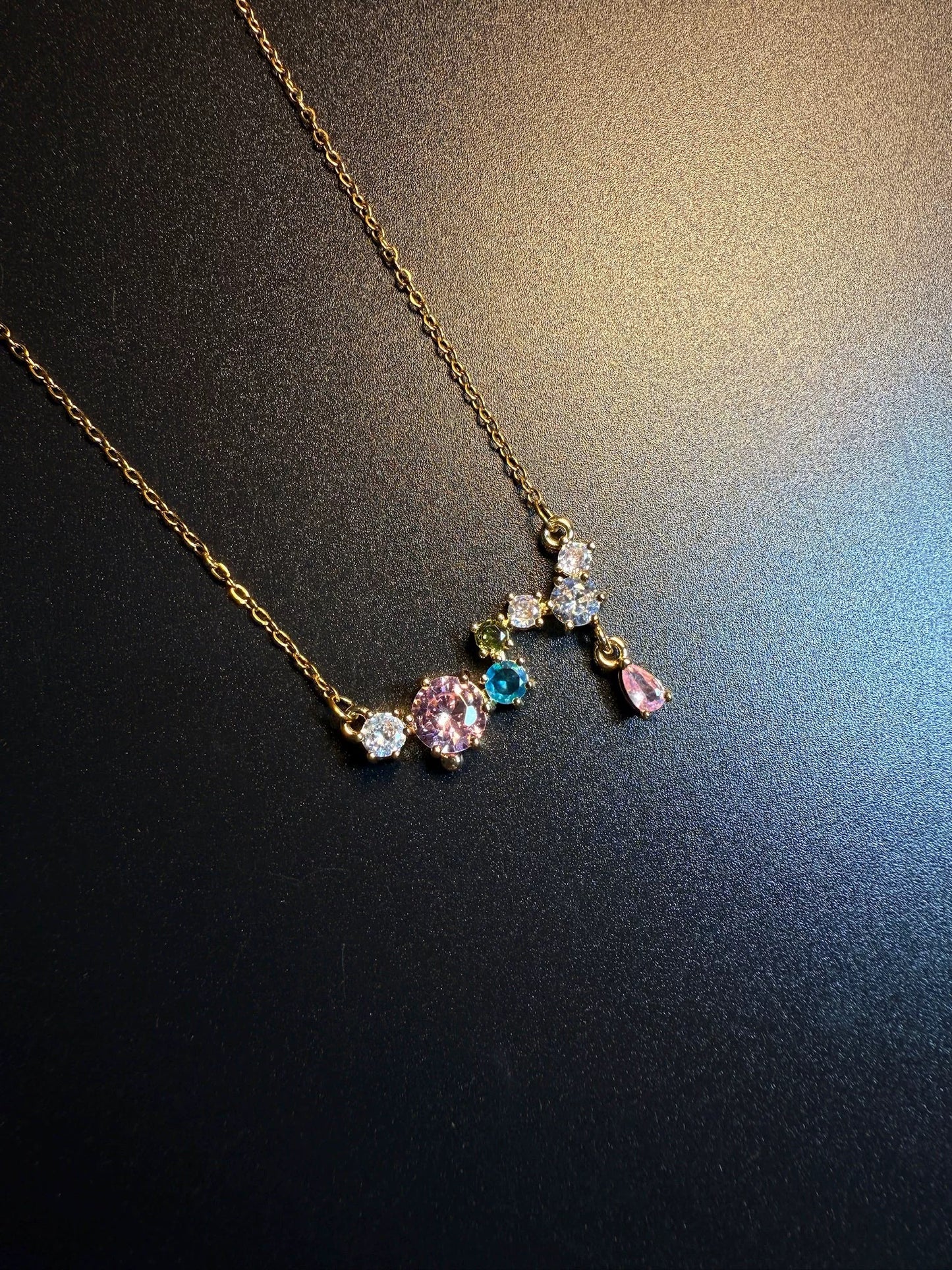 ヴィンテージ レインボースター フレンチスタイル フルダイヤモンド ピンク×ブルーのコントラストネックレス 鎖骨ネックレス
