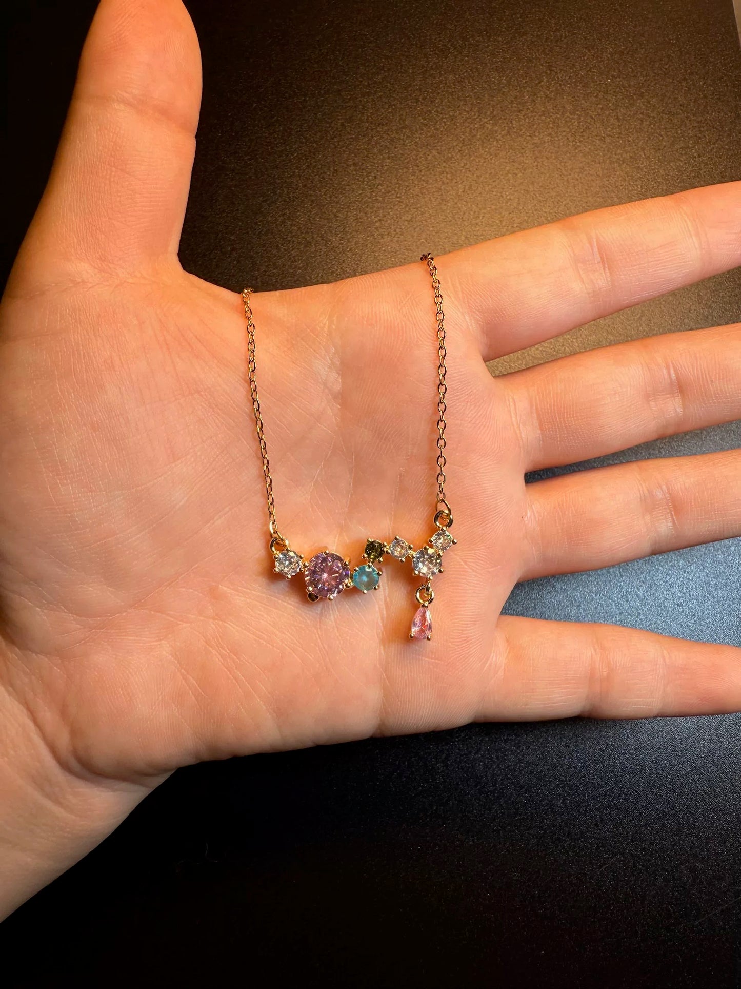 ヴィンテージ レインボースター フレンチスタイル フルダイヤモンド ピンク×ブルーのコントラストネックレス 鎖骨ネックレス
