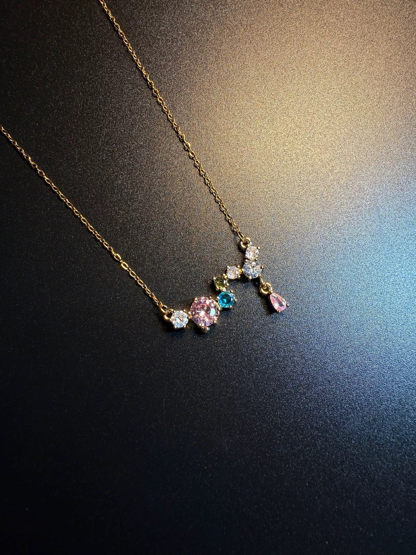 ヴィンテージ レインボースター フレンチスタイル フルダイヤモンド ピンク×ブルーのコントラストネックレス 鎖骨ネックレス