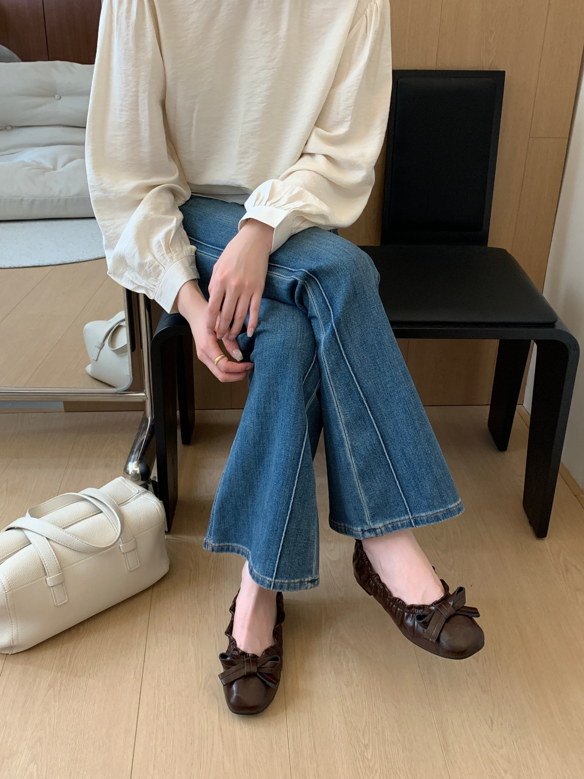 韓国風 レトロリボン フラットバレエシューズ