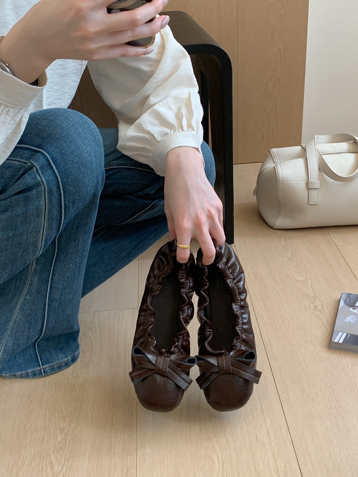 韓国風 レトロリボン フラットバレエシューズ