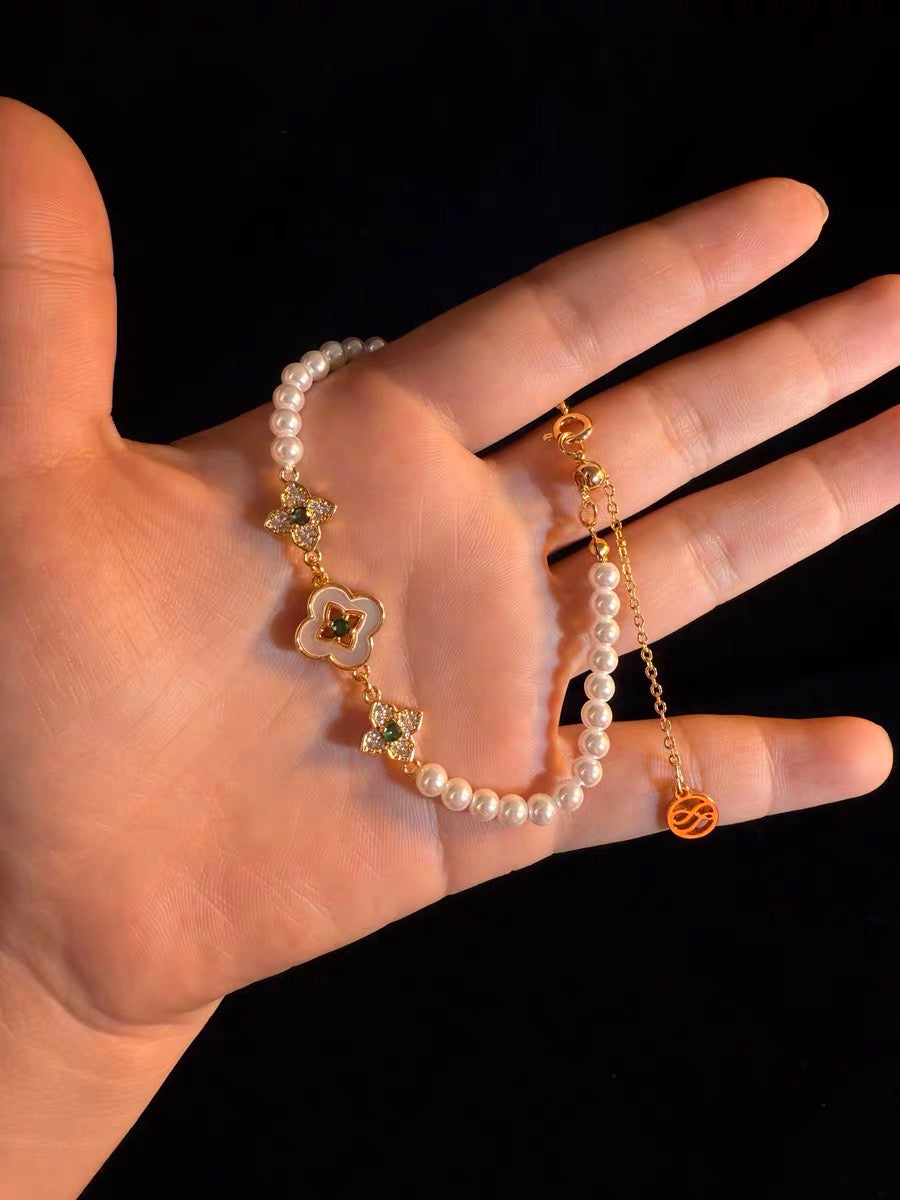ヴィンテージ古着 Shell & Stone フランス風 優しいパール 四つ葉のクローバー ブレスレット アクセサリー