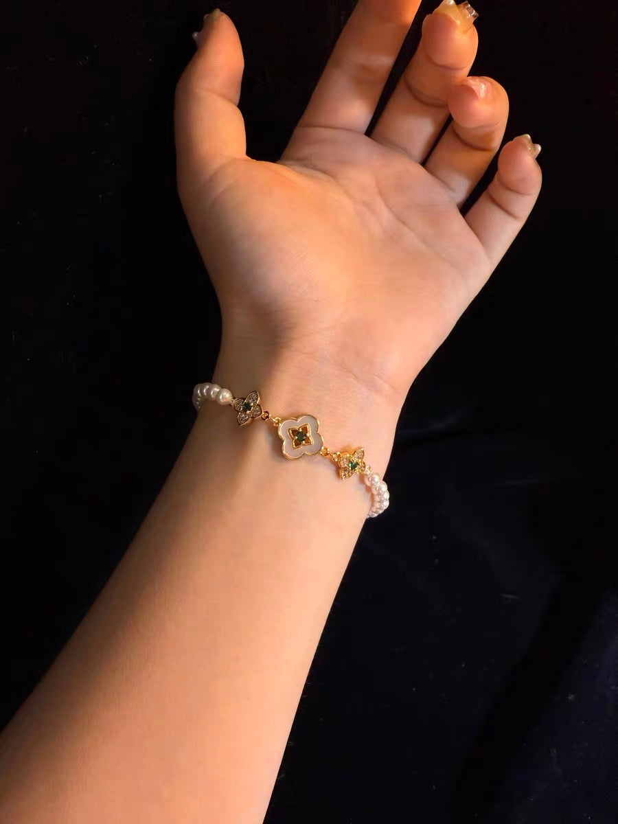 ヴィンテージ古着 Shell & Stone フランス風 優しいパール 四つ葉のクローバー ブレスレット アクセサリー